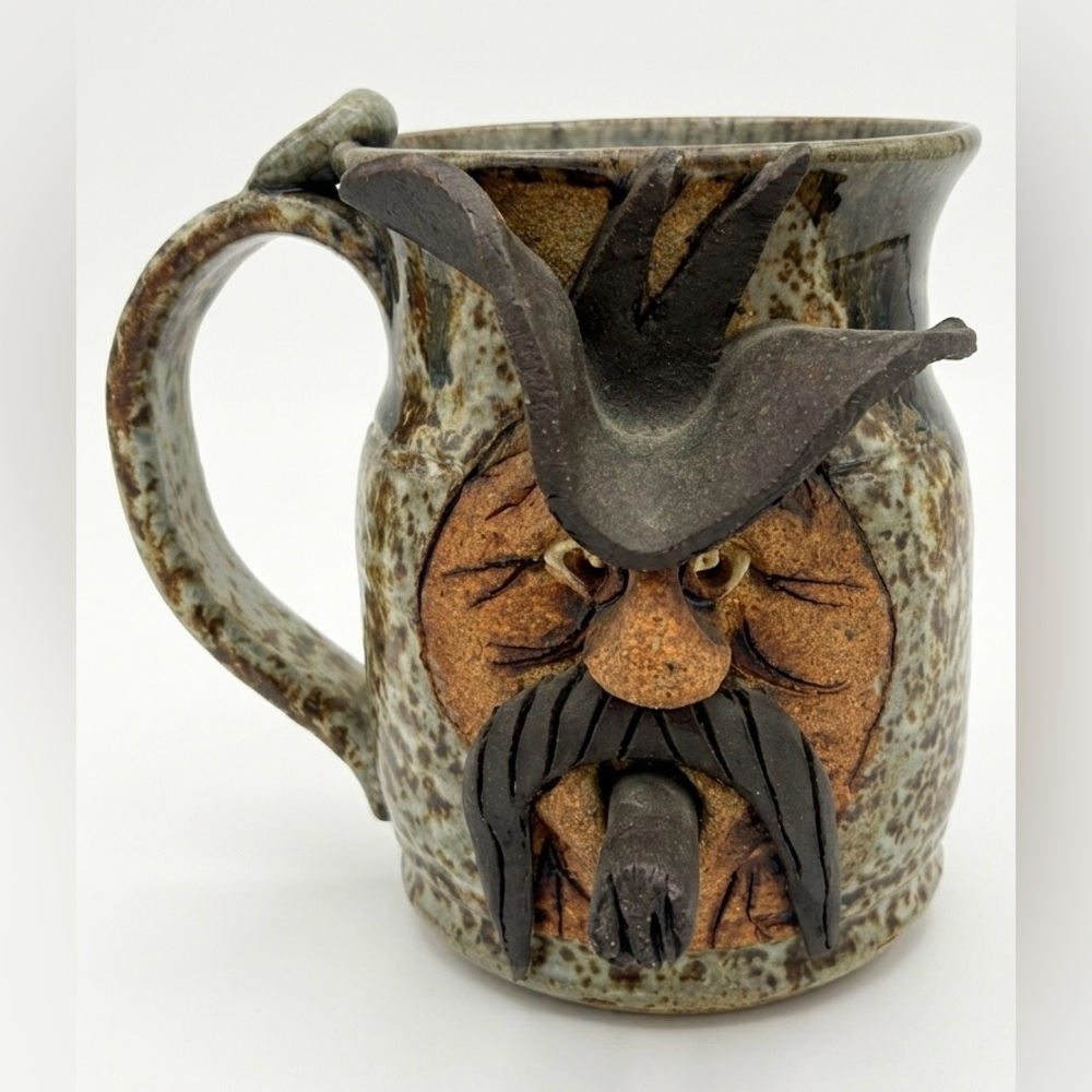 Handmade Studio Pottery Face Mug With Mustache, Hat & Cigar 5” x 4”